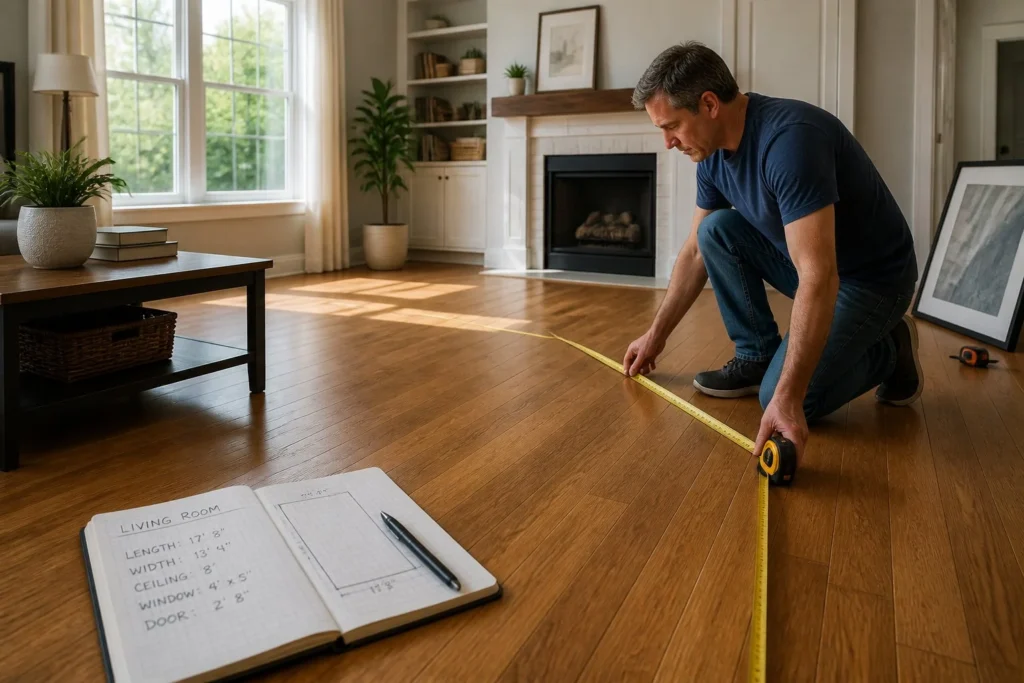 Measuring a small living room before planning furniture placement.