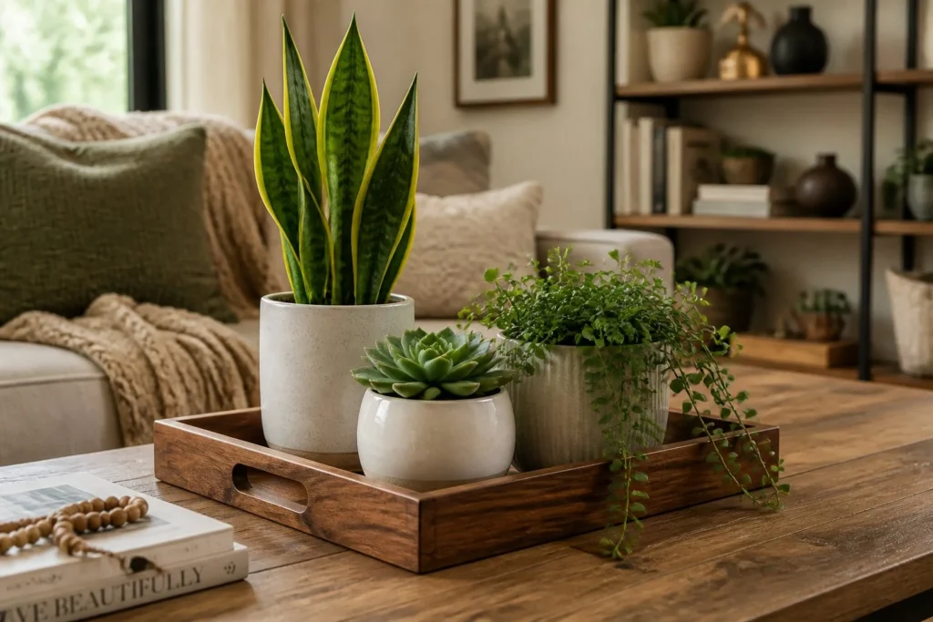 Grouped indoor plants arranged on a decorative tray serving as a living room centerpiece.