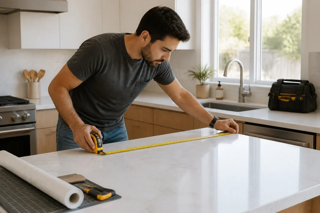 Measuring countertops accurately before installing film.