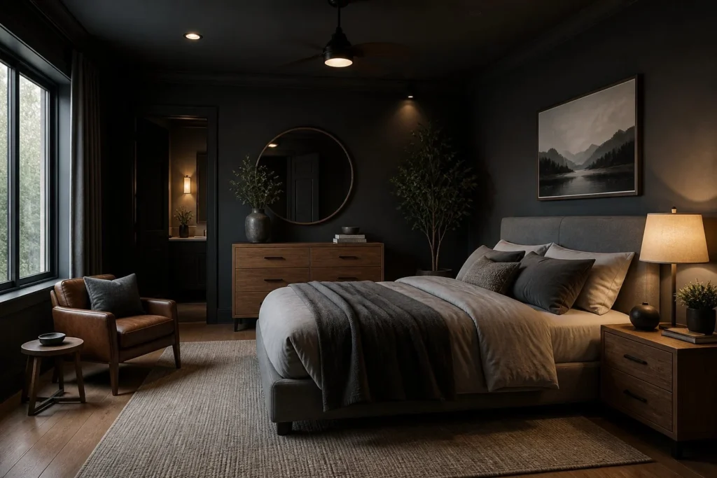 Deep charcoal bedroom with matching dark ceiling and warm lighting.