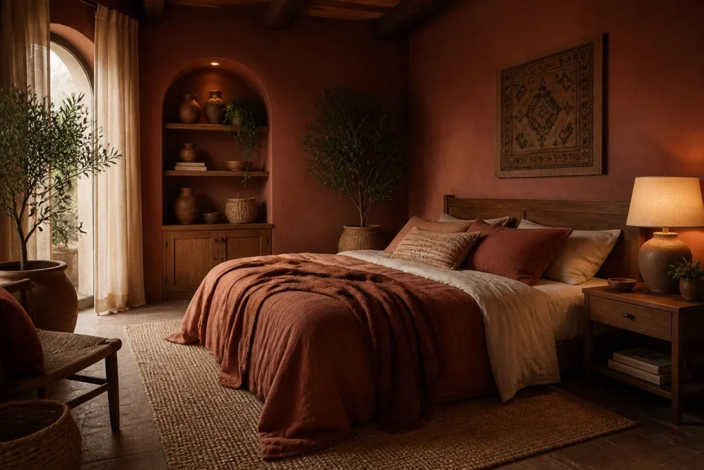 Bedroom with rich dark terracotta wall color.