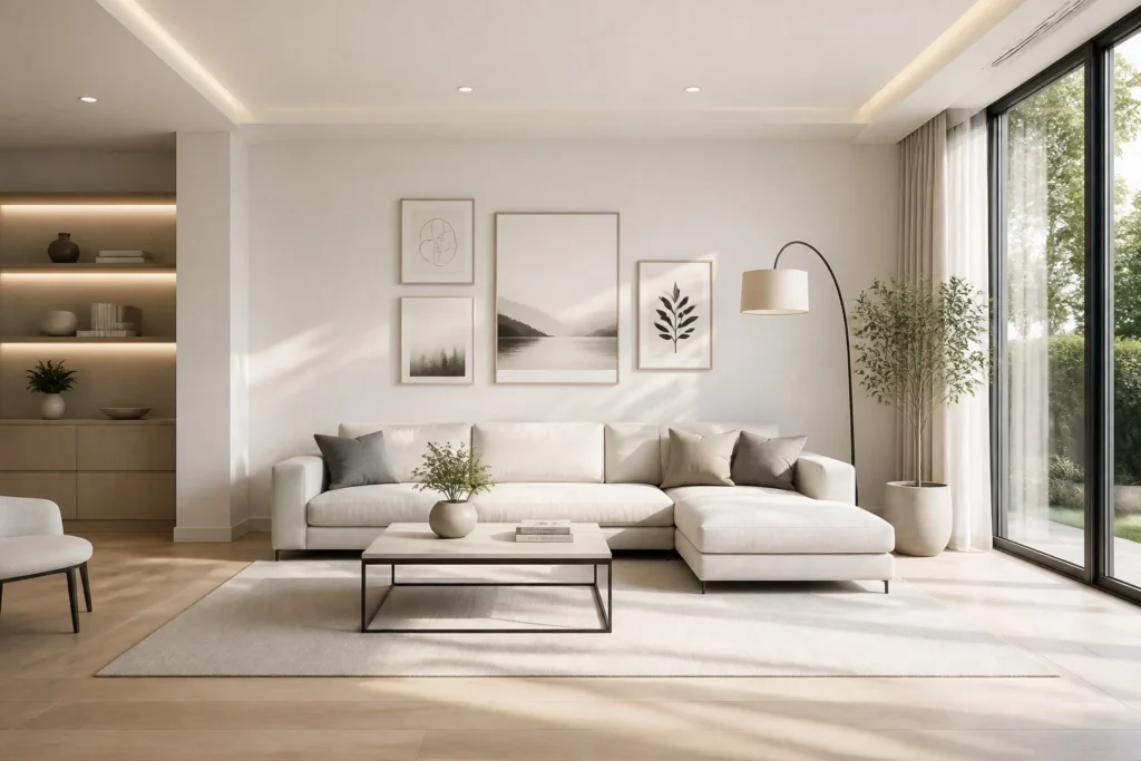 Decluttered small living room with carefully selected decor pieces.