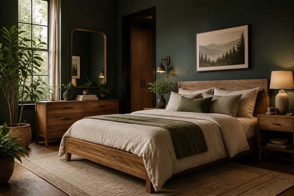 Forest green bedroom with natural wood accents.