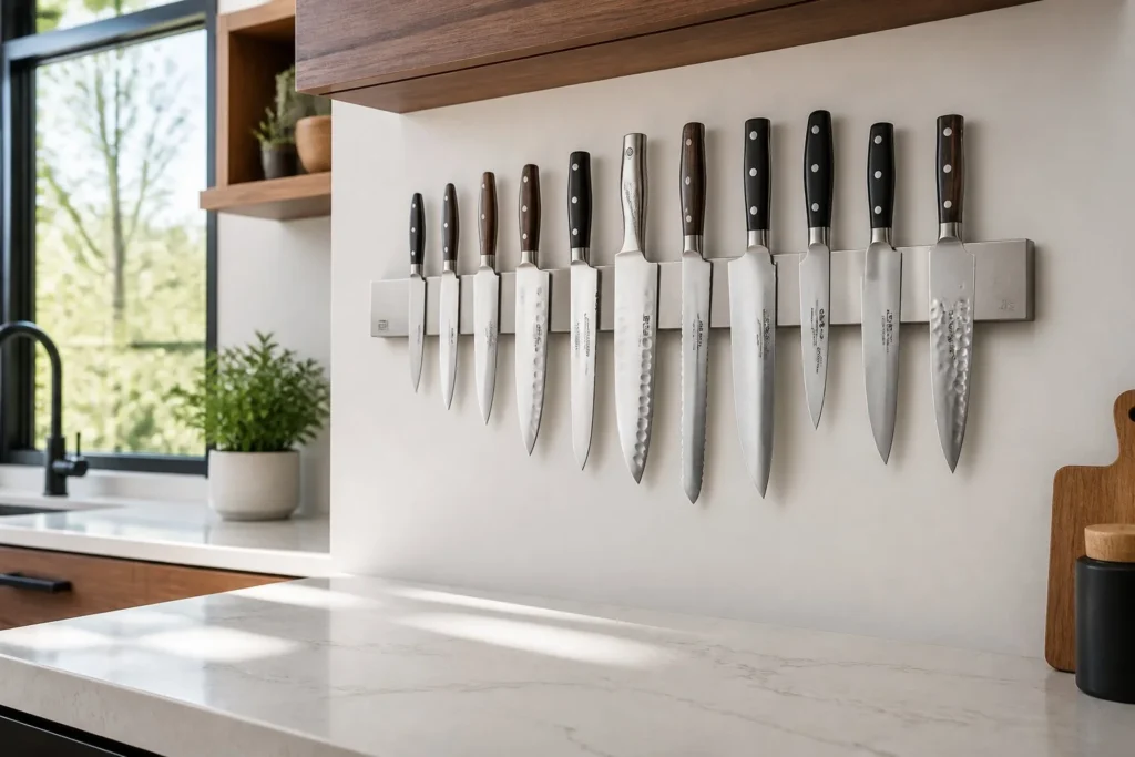 Magnetic knife strip mounted on wall to save kitchen counter space.