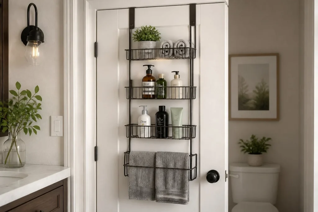 Over-the-door organizer adding storage to a small bathroom.