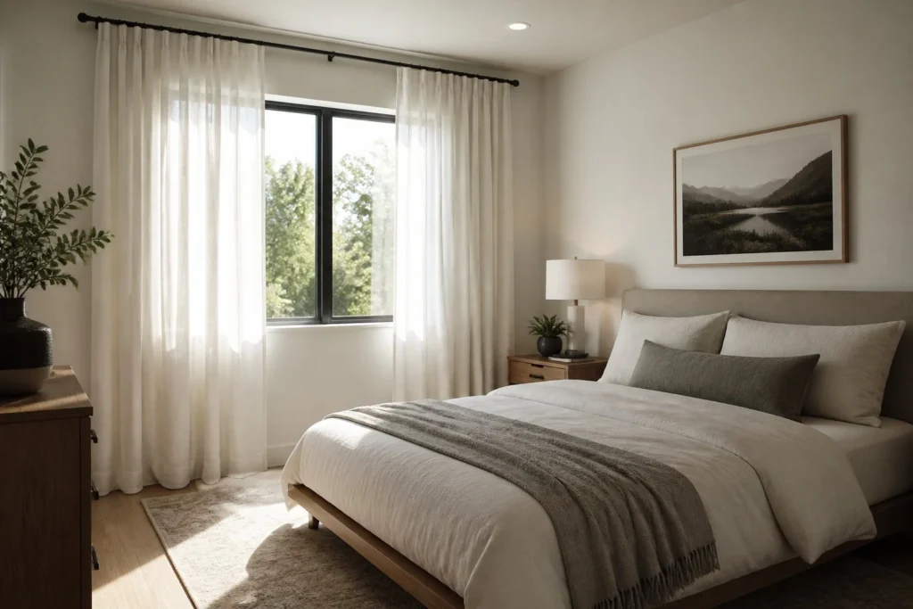 High-mounted curtains creating the illusion of larger bedroom windows.