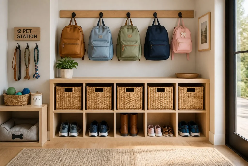 Organized entryway with hidden storage for family essentials