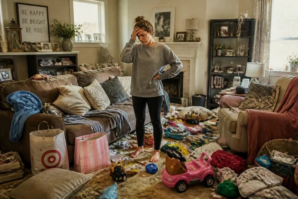 Homeowner feeling overwhelmed by clutter in a crowded living room