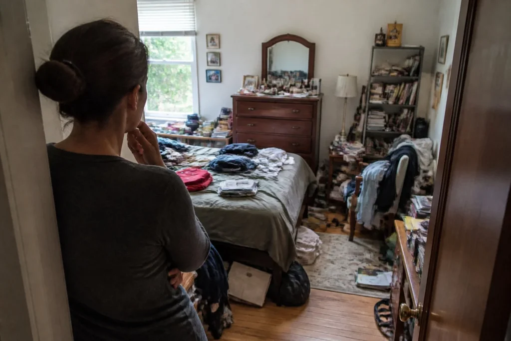 Homeowner evaluating a cluttered small bedroom before making design improvements.