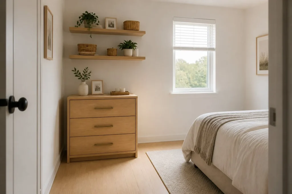 Compact storage furniture creating more floor space in a small bedroom.