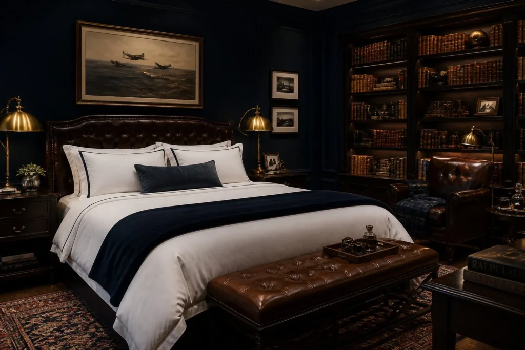 Moody bedroom featuring dark navy blue walls.