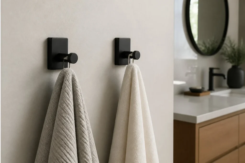 Wall-mounted hooks providing space-saving towel storage.