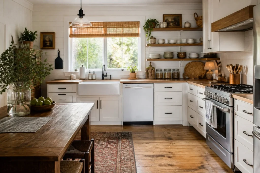 Organized family kitchen with practical storage solutions and clutter-free countertops.