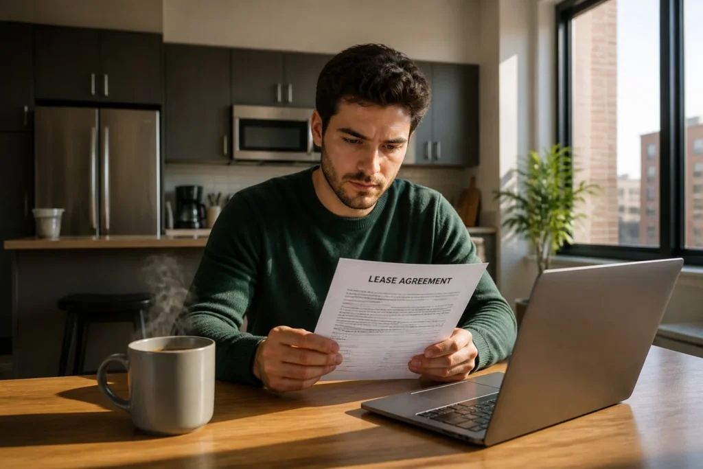 Renter reviewing a lease agreement before making kitchen upgrades.
