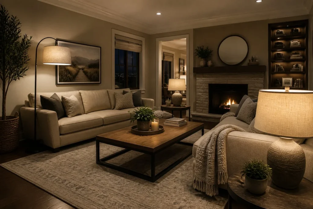 Layered lighting creating a warm and comfortable living room atmosphere.