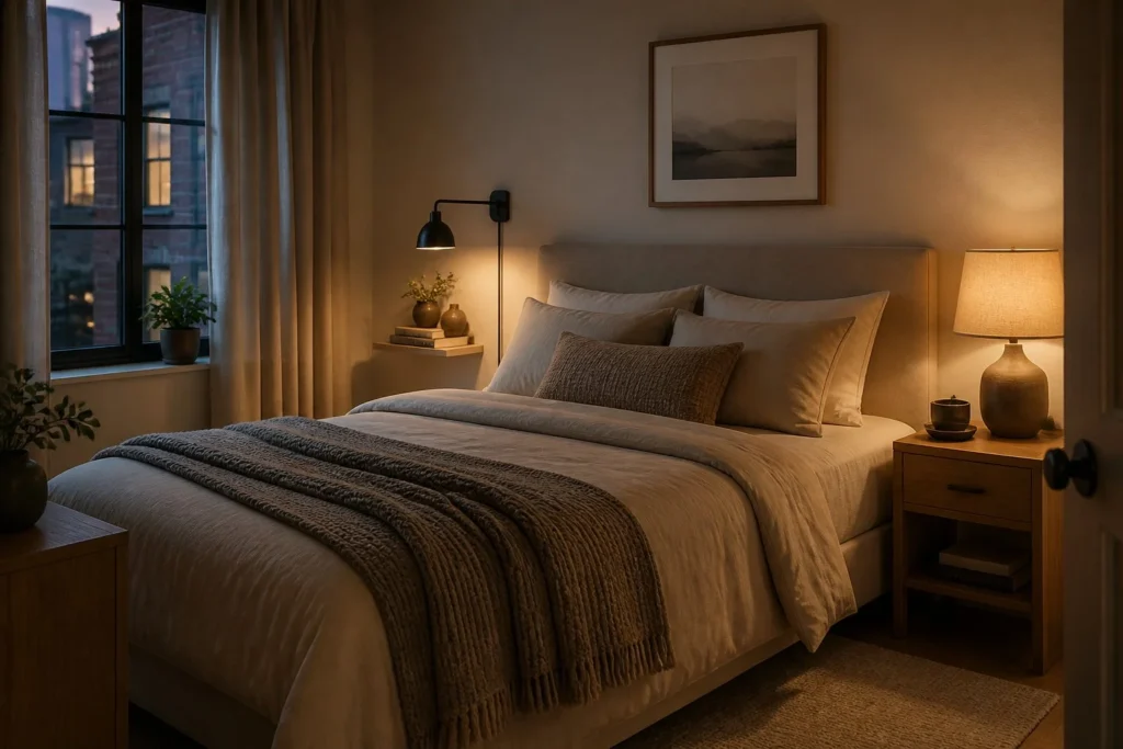 Layered bedroom lighting creating a warm and relaxing atmosphere.