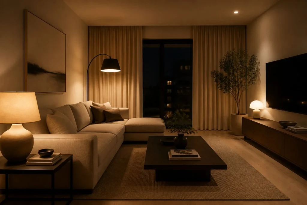 Warm layered lighting creating a cozy minimalist living room