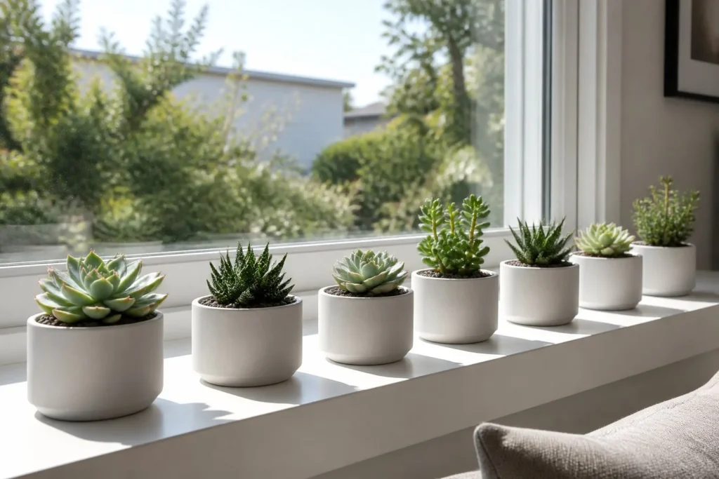 Succulents displayed on a living room windowsill to maximize unused space.