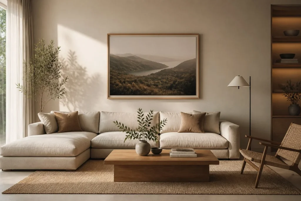 Minimalist living room with intentional decor and clutter-free surfaces