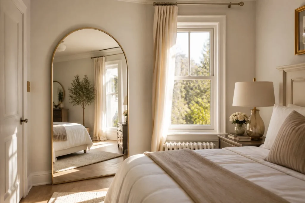 Large mirror reflecting natural light to make a small bedroom feel bigger.
