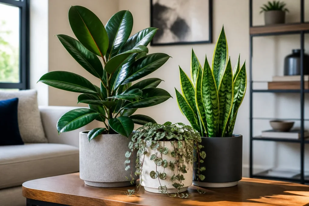 Collection of indoor plants with different leaf textures creating visual interest.