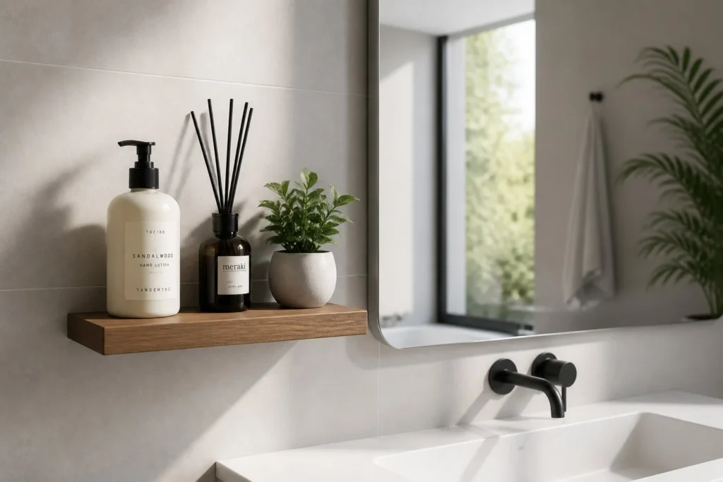 Floating shelf providing extra storage in a compact bathroom.