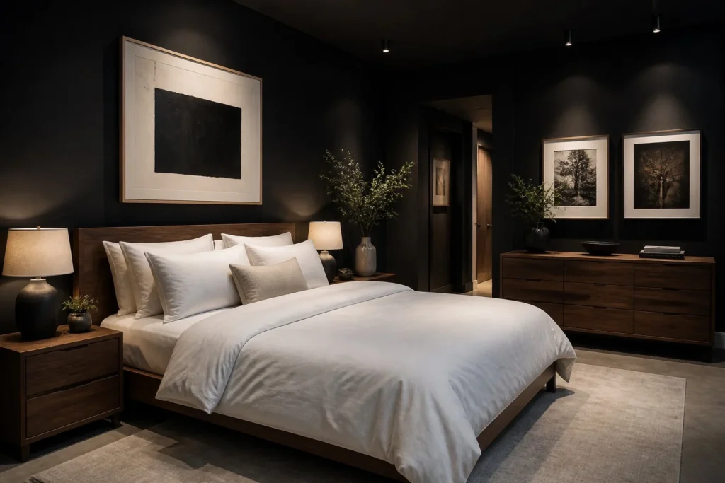 Near-black bedroom creating a bold and sophisticated look.