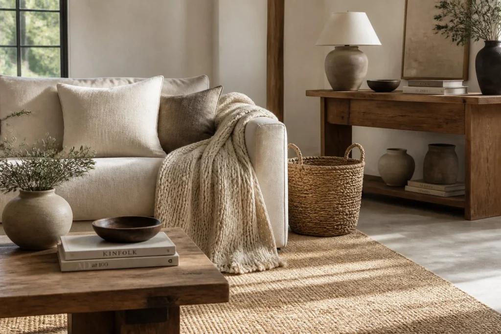 Neutral living room enhanced with layered textures and natural materials