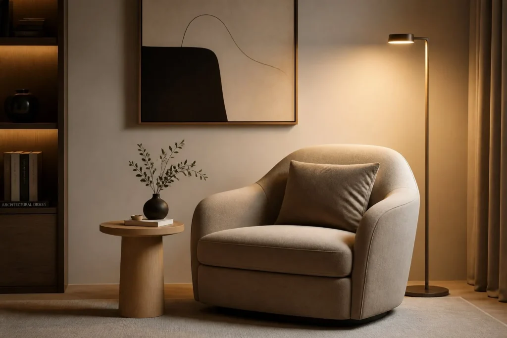 Minimalist room featuring a single statement chair as a focal point