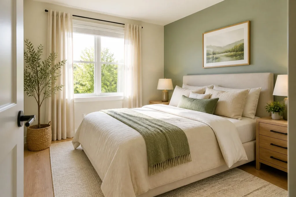 Small bedroom with warm white walls and a sage accent wall creating a brighter feel.