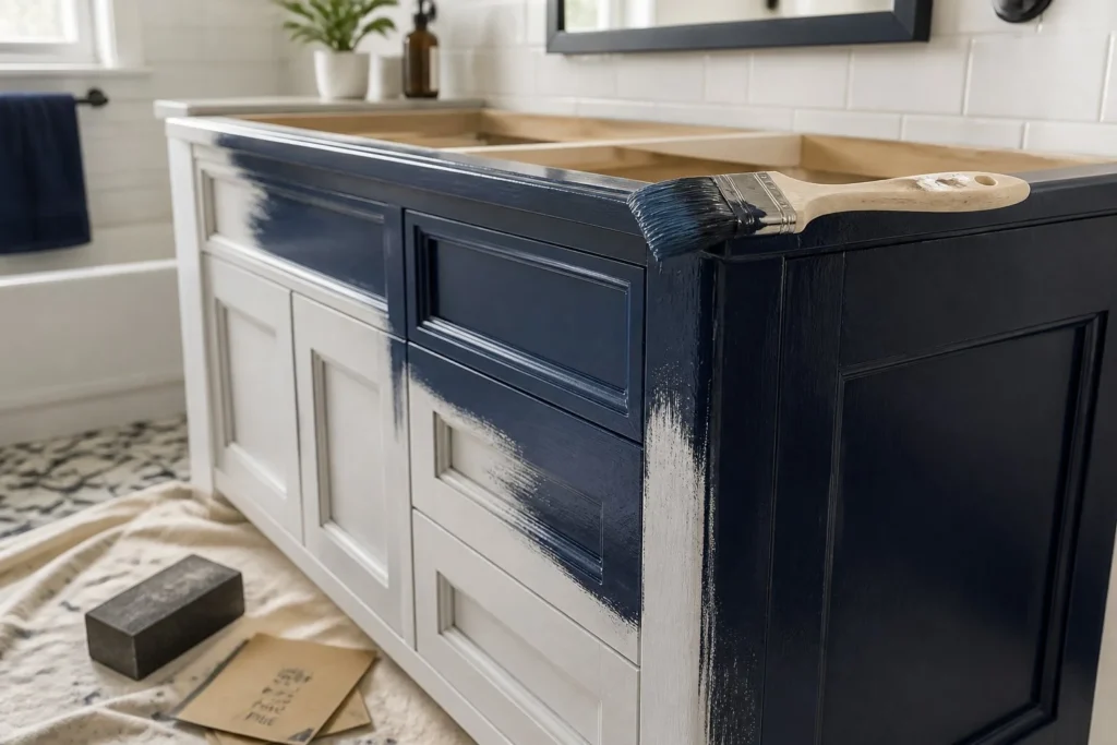 Painting a bathroom vanity cabinet to refresh its appearance.