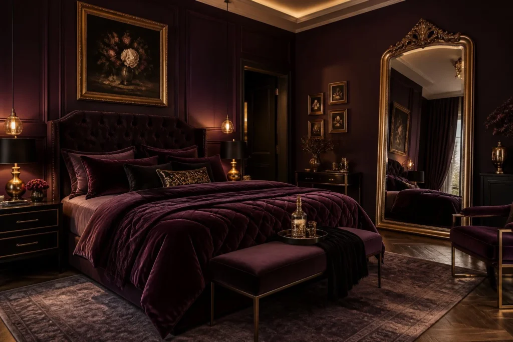 Elegant bedroom decorated with dark plum-colored walls.