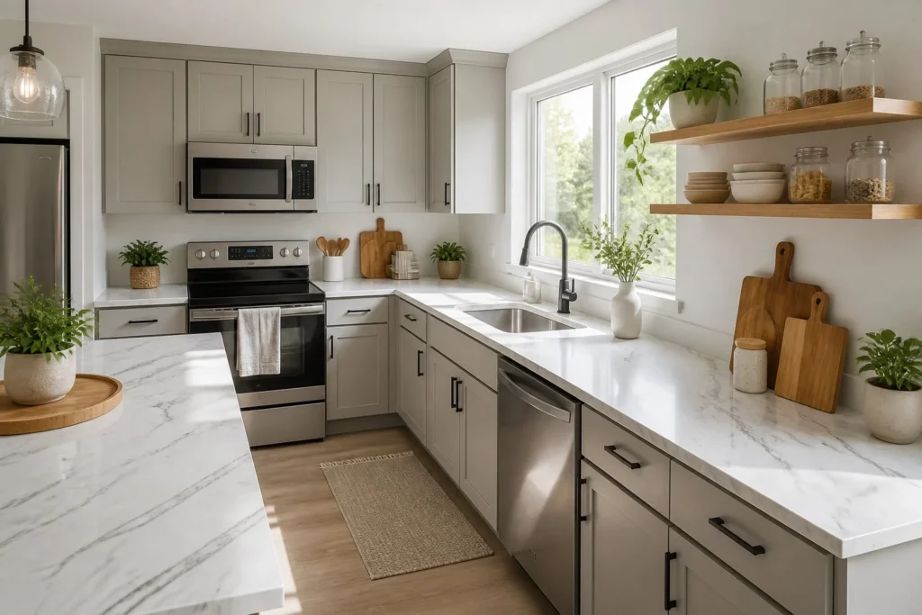 Rental kitchen with updated peel-and-stick countertops and modern decor.