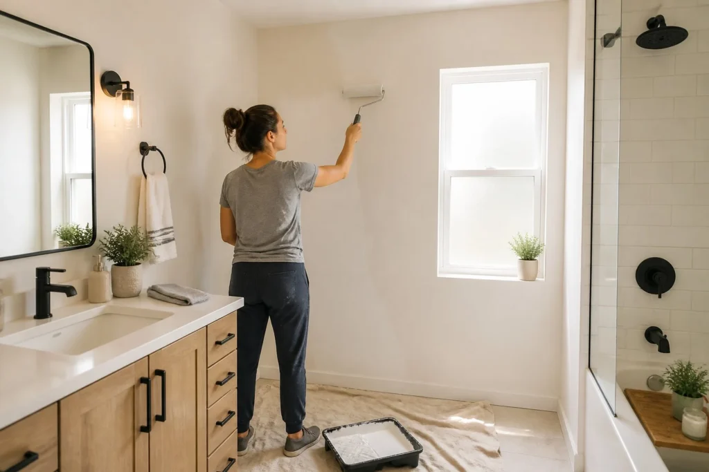 Repainting bathroom walls to brighten the space.