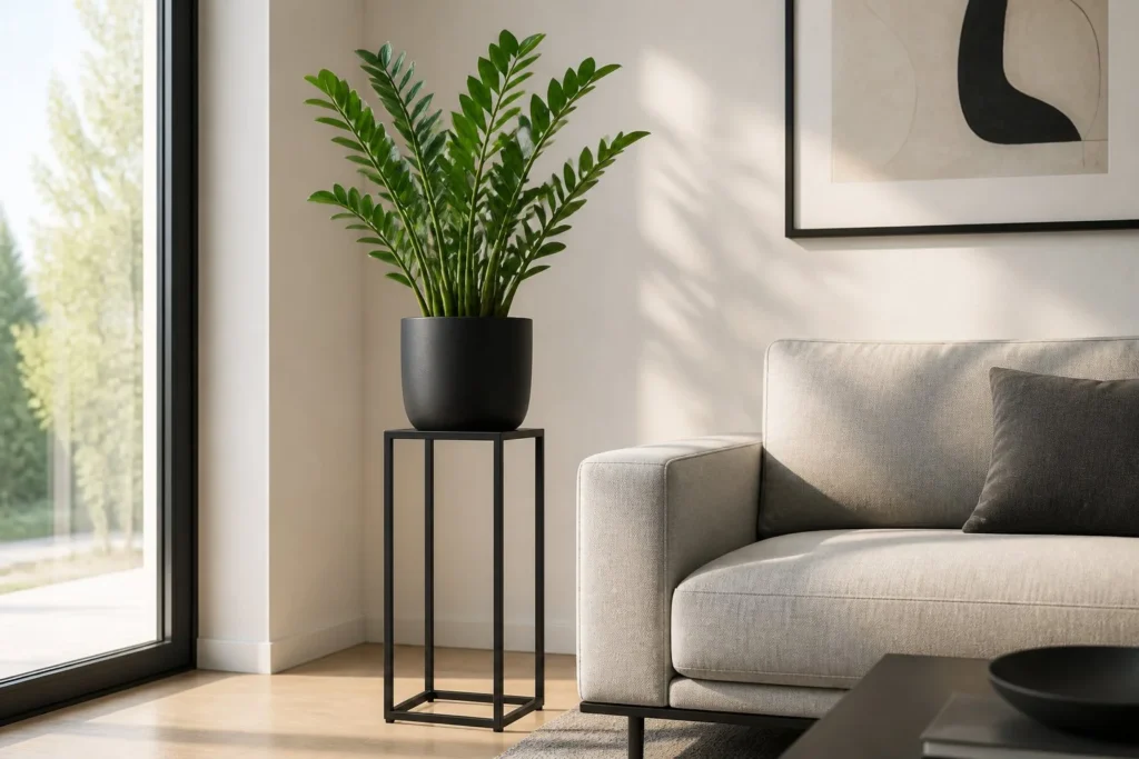 ZZ plant displayed on a decorative plant stand next to a living room sofa.