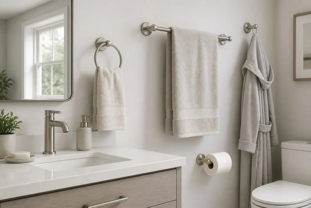 Matching bathroom hardware creates a more cohesive look.