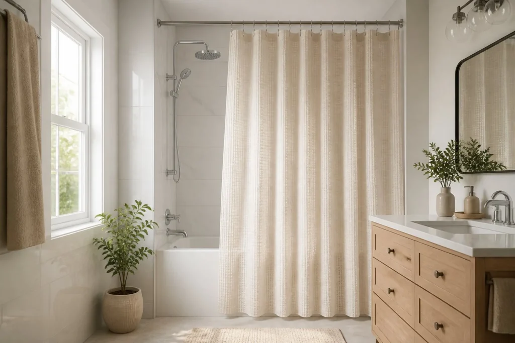 New shower curtain instantly refreshes the bathroom.