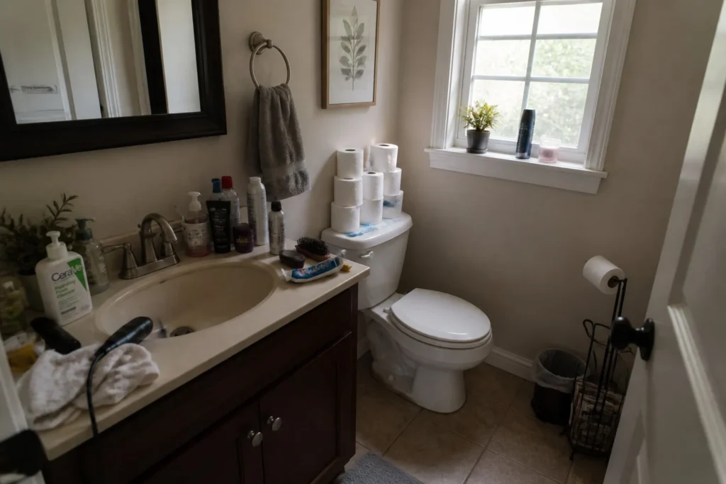 Small half bathroom showing clutter and lack of storage before organization.