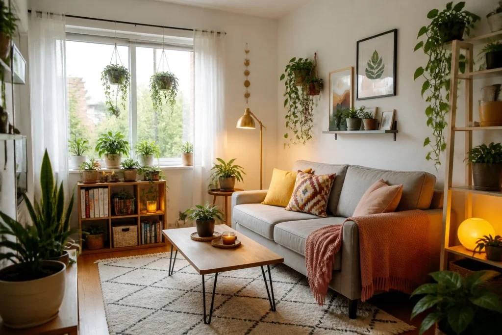 Small living room showing how indoor plants can add style and greenery without taking up much space.