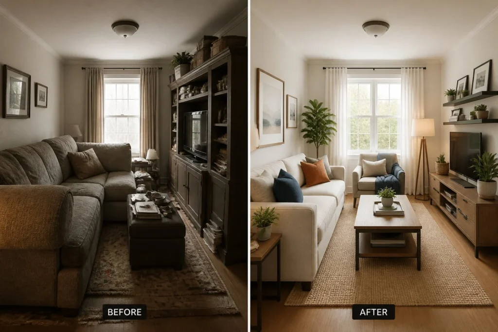 Small living room transformed from cramped and cluttered to warm and inviting.
