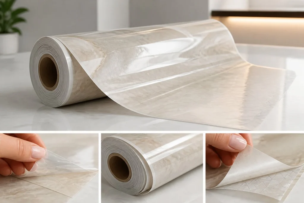 Decorative accessories styling a refreshed kitchen countertop.