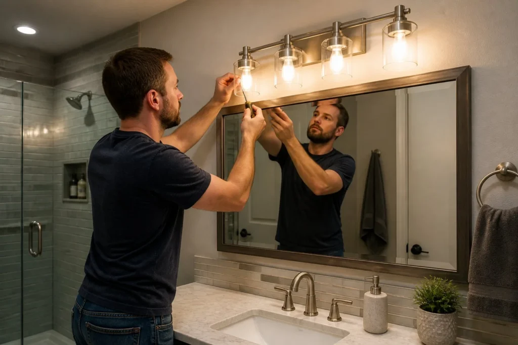 New vanity light fixture installed during a budget bathroom update.