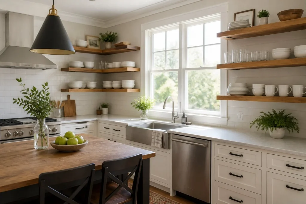 Open kitchen shelves with everyday dishes and glasses for easy access.