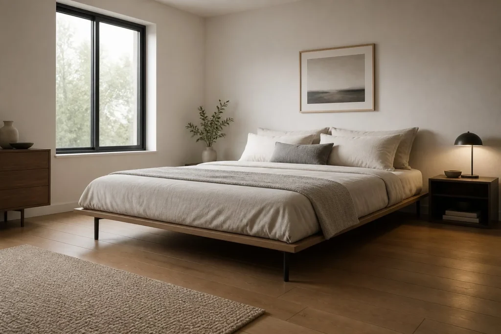 Low-profile bed frame making a small bedroom appear larger and more open.