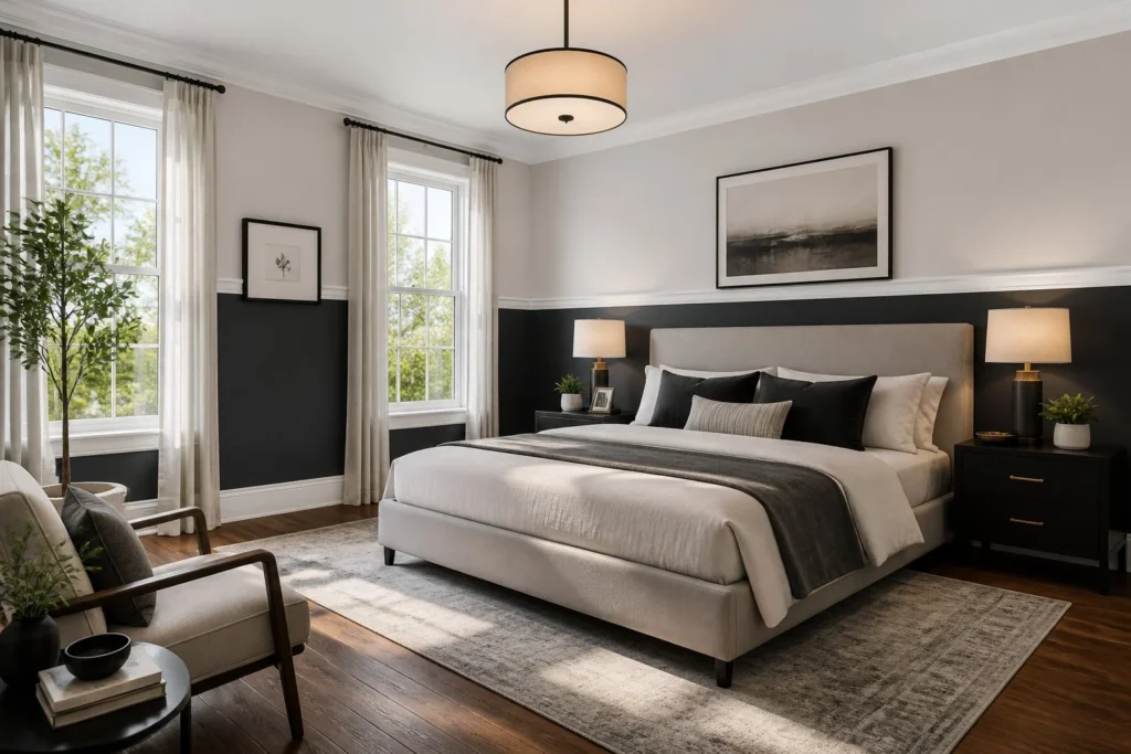 Two-tone bedroom wall treatment with dark and light colors.