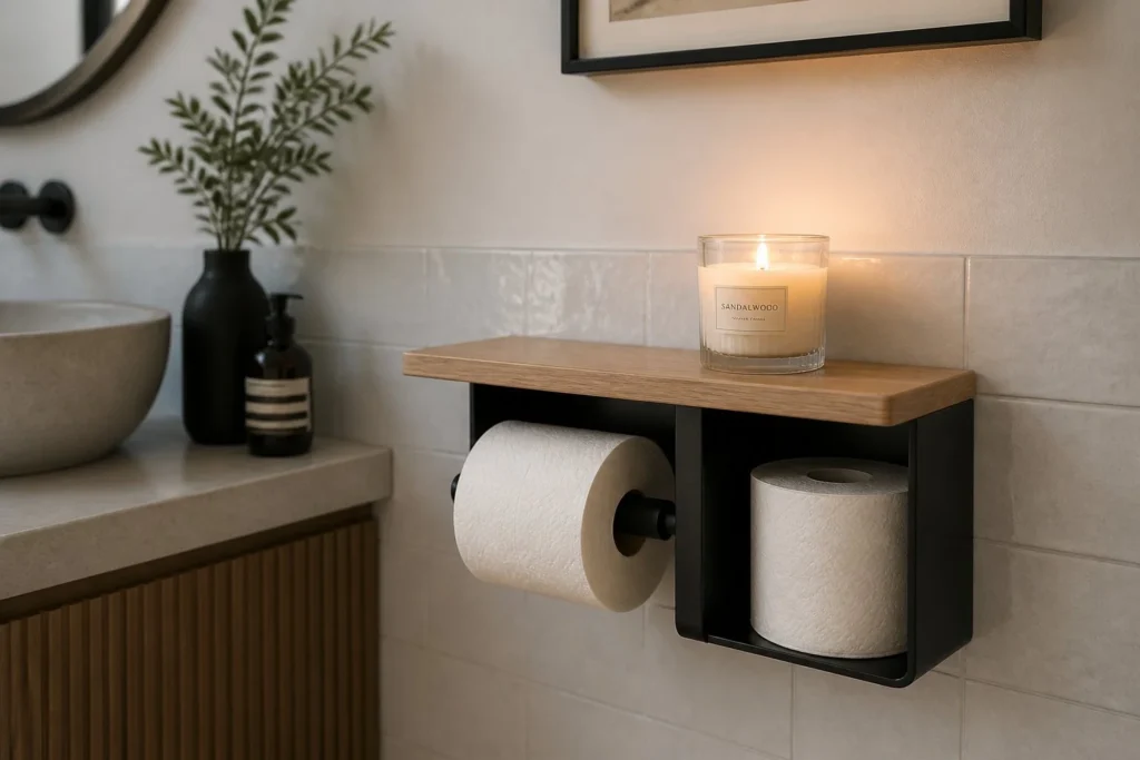 Multi-functional toilet paper holder with additional storage shelf.