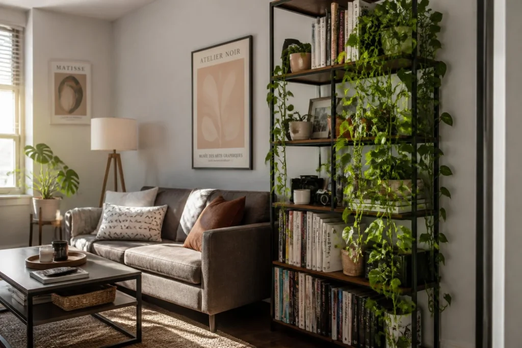 Trailing pothos plant growing from a high shelf to add vertical interest in a small living room.