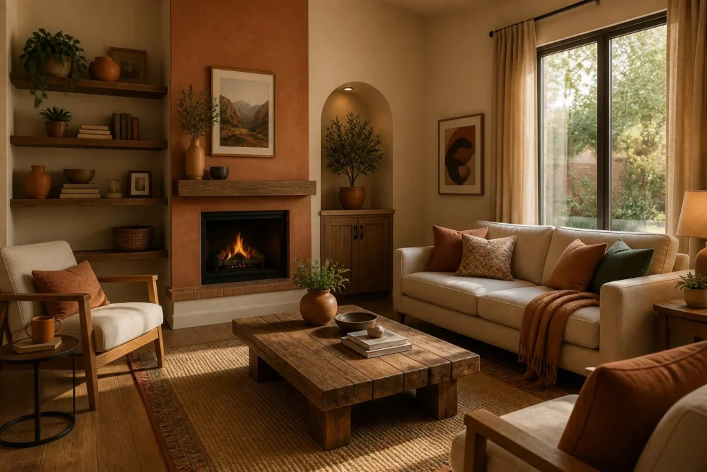 Warm neutral colors making a small living room feel larger and more inviting.