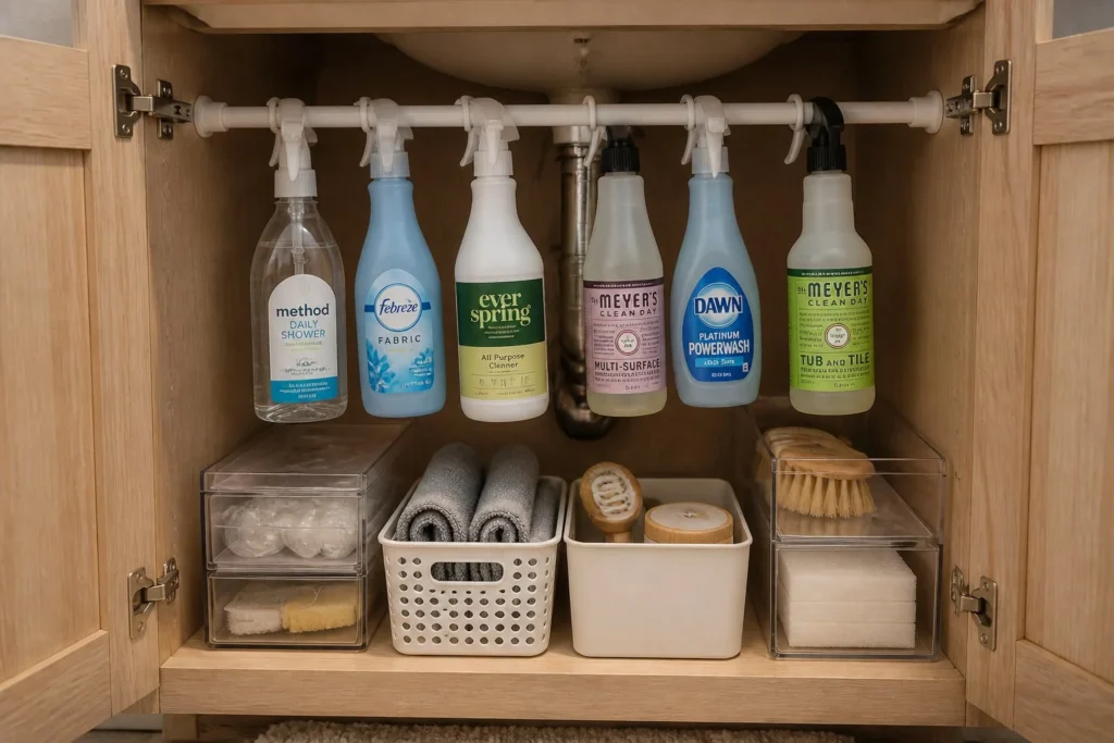 Tension rod under bathroom sink creating additional storage space.