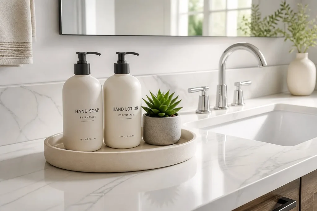 Decorative tray organizing bathroom sink essentials.